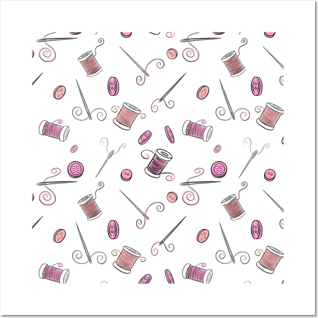 Sewing Pink Cotton Reels Needles Threads and Buttons Wall Art by Squeeb Creative